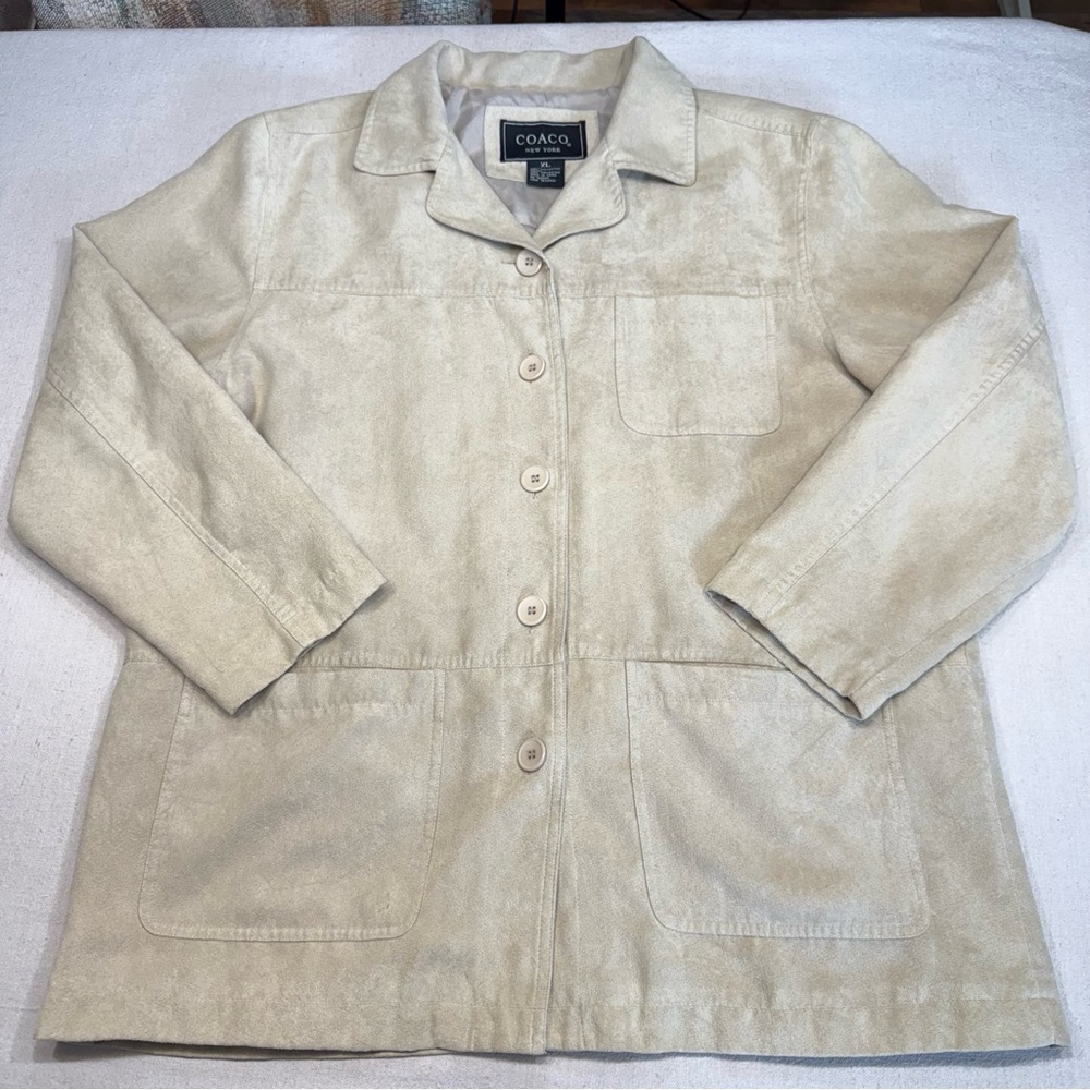 Coaco Womens Light Beige Notch Lapel Button Front Patch Pocket Sueded Poly - XL